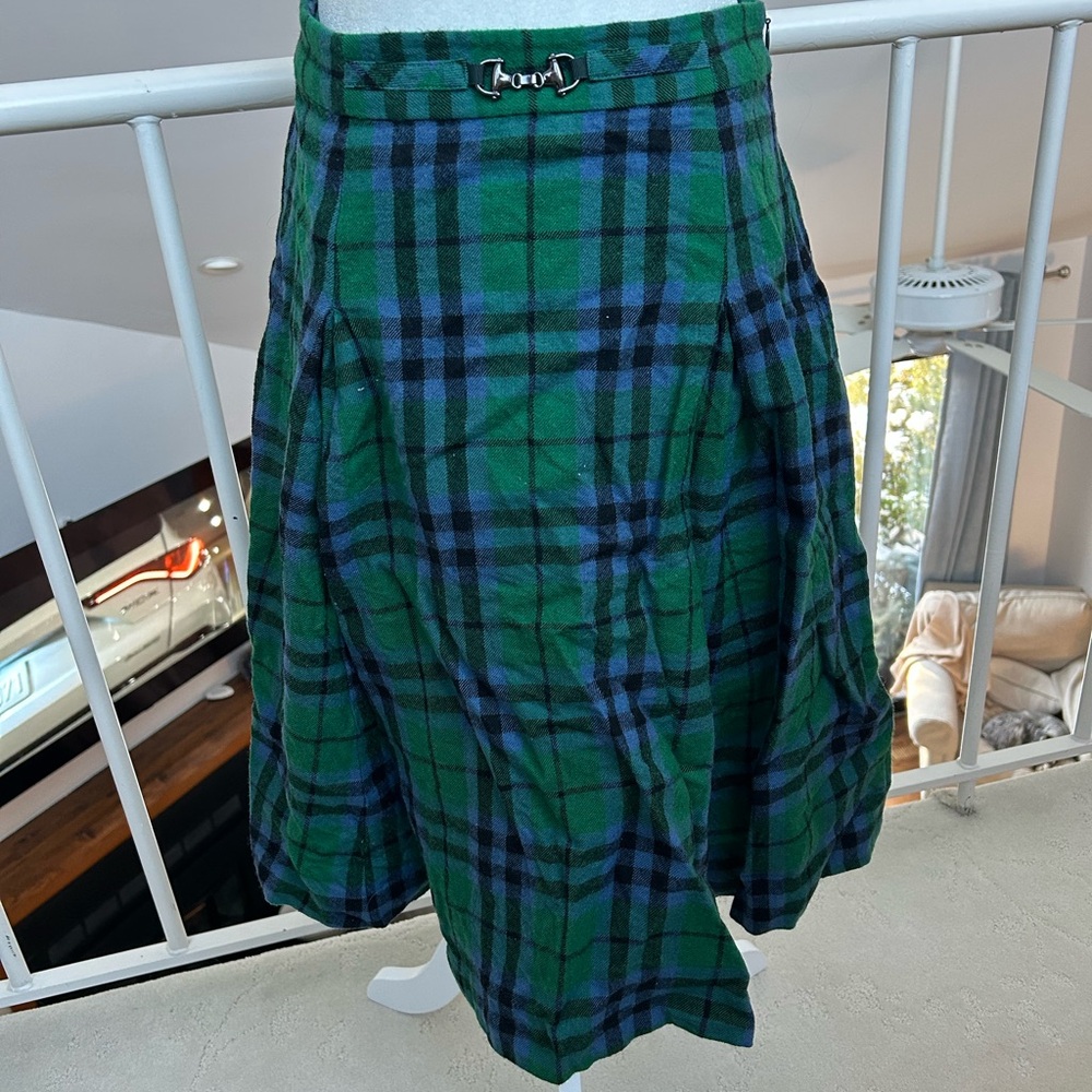 Keith British Style Size 40 Green Plaid Wool Skirt England Horse Bit Side Zipper